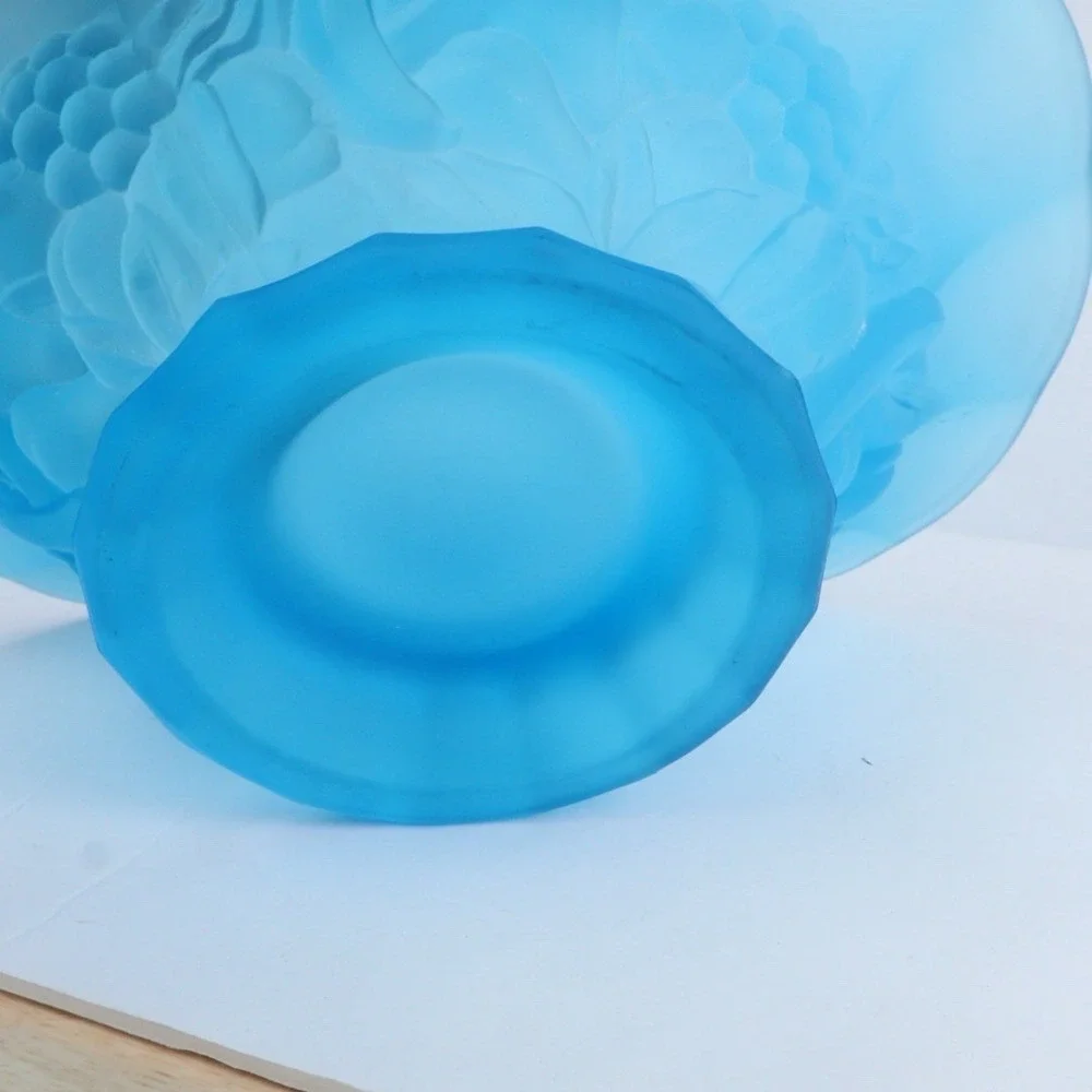 VTG Satin Blue Indiana‎ Glassware Raised Fruits Design Basket Decorative MCM